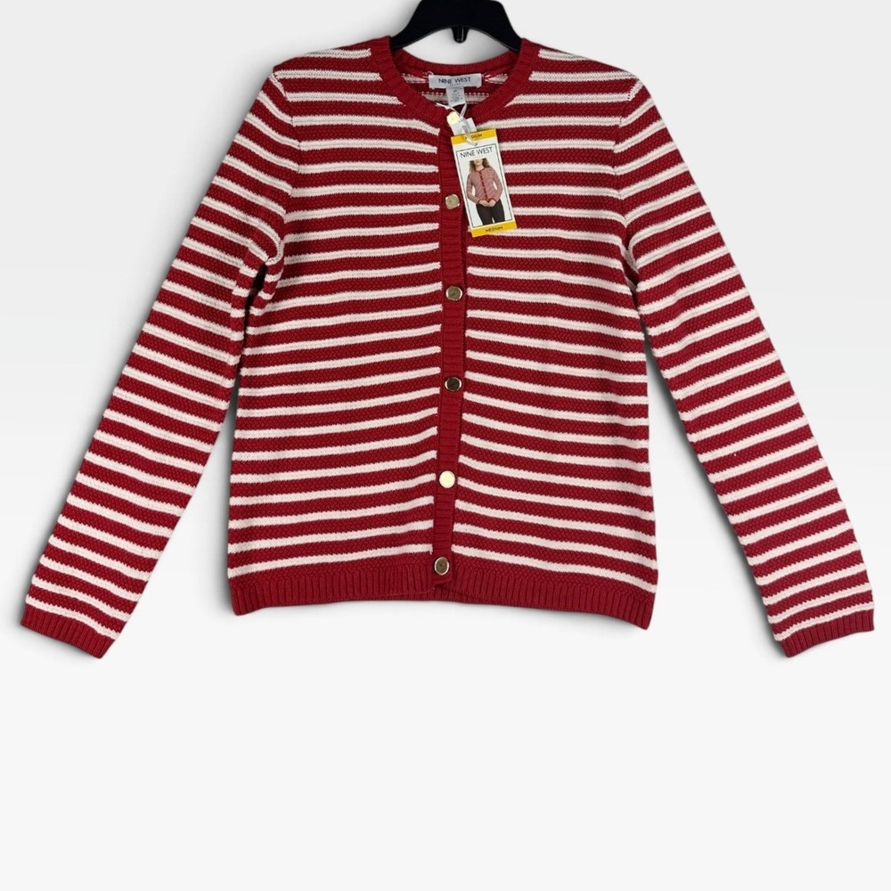Nine West Cardigan DNWS3328 Women Medium Red White Striped Gold Button New